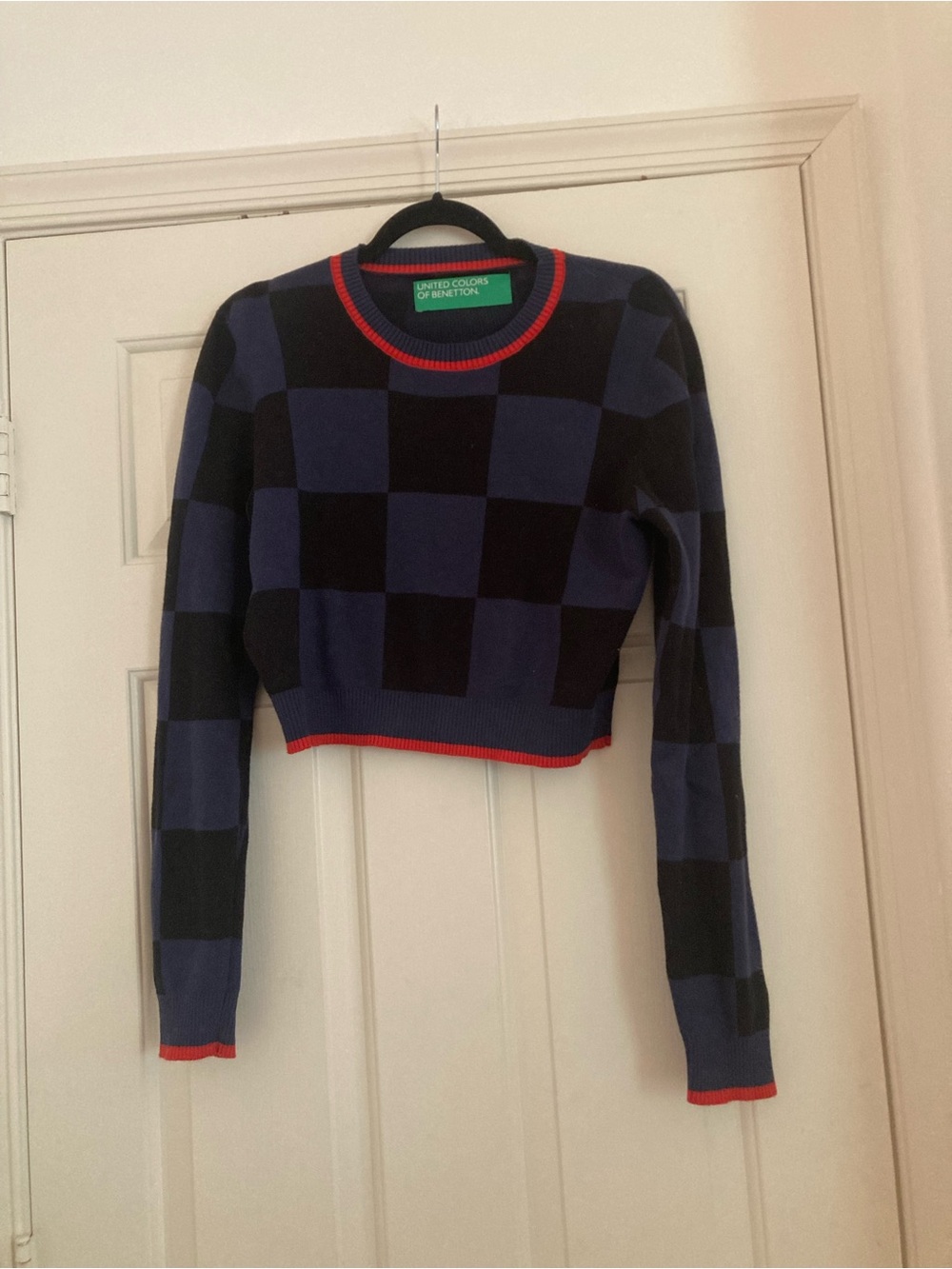 United Colors Of Benetton Navy & Black Checker Knit Sweater with Red Trim